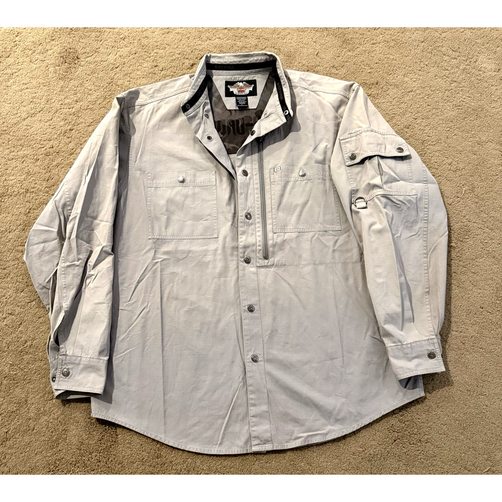 Harley Davidson Vented Cotton Snap Jacket Tan Spell Out Mens Size Large EUC